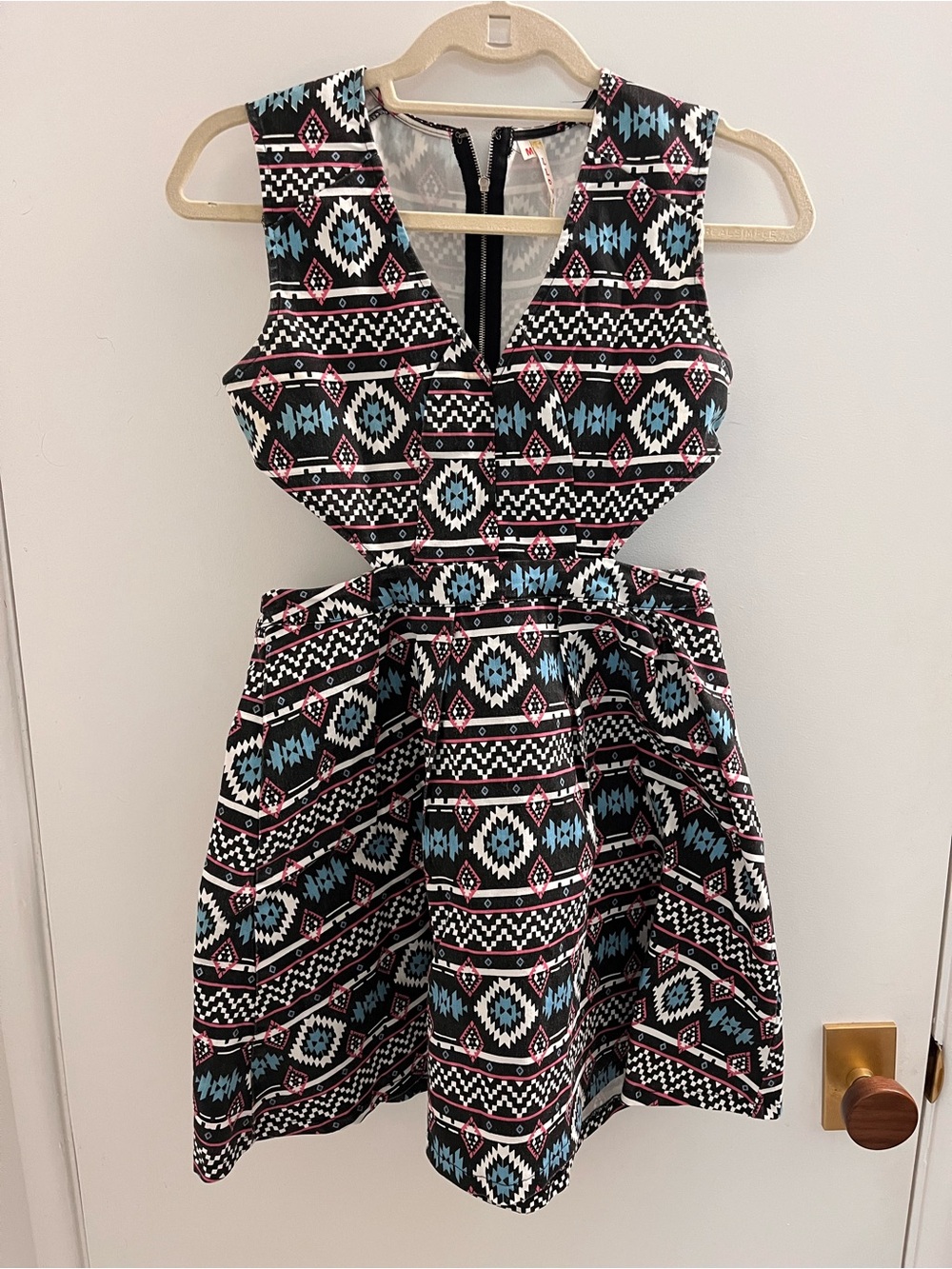 Aztec Western Print Cutout Fit & Flare Dress - Black, Blue & Pink Summer Festive